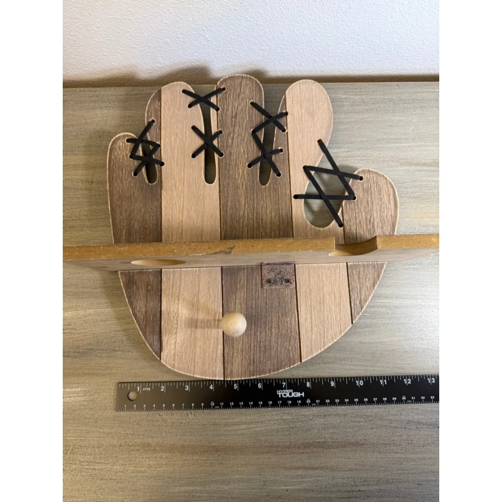 handcrafted wooden baseball glove wall shelf holds baseball bat ball & glove